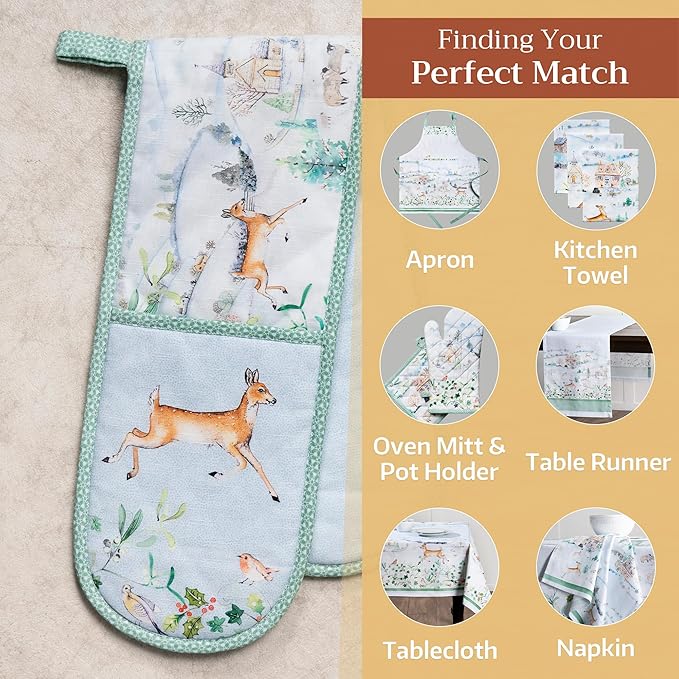 Maison d' Hermine Double Oven Mitt (7" x 35") 100% Cotton Heat Resistant BBQ Cooking Gloves with Loop for Thanksgiving Christmas Decorations Baking Cooking Barbeque Handling Hot Pan (Snowy World)