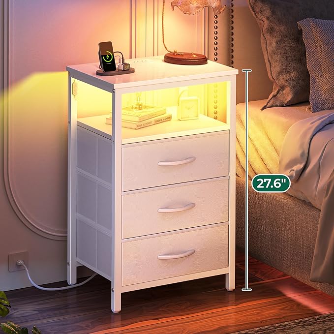 Huuger Night Stand with Charger Station and LED Lights, 3 Drawer Nightstand, Bed Side Table with Open Shelf, End Table, Tall Fabric Dresser for Bedroom, PU Leather, White