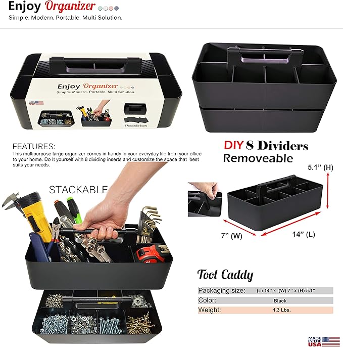 2 PACK - Portable DIY 8 Dividers Durable Plastic Tote Tool & Supply Cleaning Caddy with Handle Made In USA (Black)