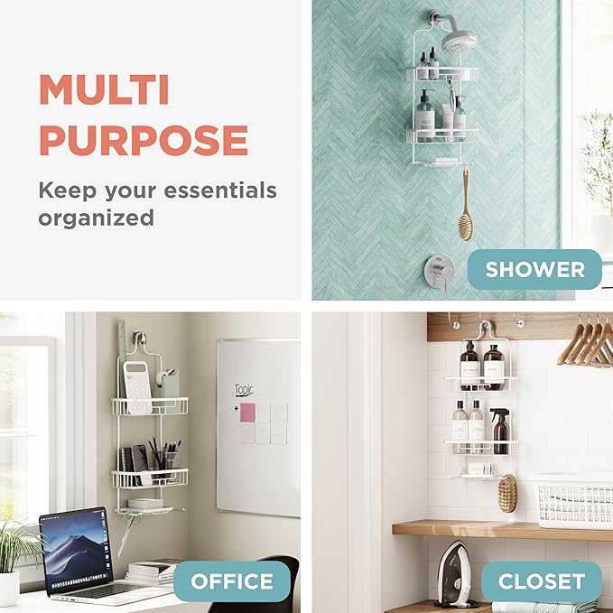 Zenna Home Rustproof Hanging Shower Caddy, Over the Shower Head Caddy with 2 Shelves and Built In Hooks, Aluminum Bathroom Hanging Organizer, Satin Chrome