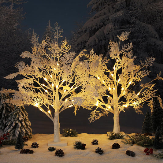 Quzzil 2 Pack Flocked Tabletop Christmas Tree with Lights 24 Inch Artificial Small White Christmas Snow Birch Tree Frost Battery Powered/USB Table Centerpiece for Indoor Mantel Holiday Decor