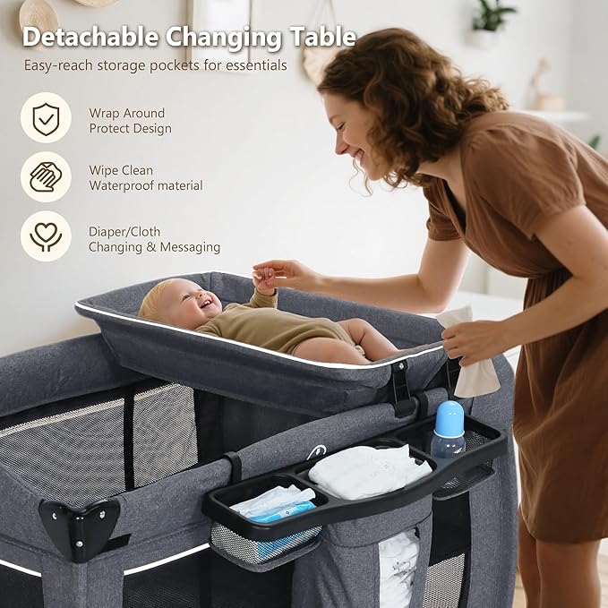 Kinder King 4 in 1 Foldable Pack n Play with Bassinet & Changing Table, Portable Nursery Center for Babies and Toddlers, Convertible Newborn Crib Baby Bed with Toys & Canopy, Storage Bag, Light Gray