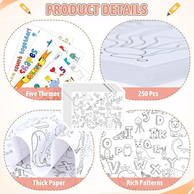250 Pcs Disposable Coloring Placemats 5 Themed Coloring Activity Sheets Paper Mat Bulk 14.2"x10.2" Dining Table Paper Placemats Disposable Table Mat for Kids DIY (Weather,Shape,Color,Letter) (250)
