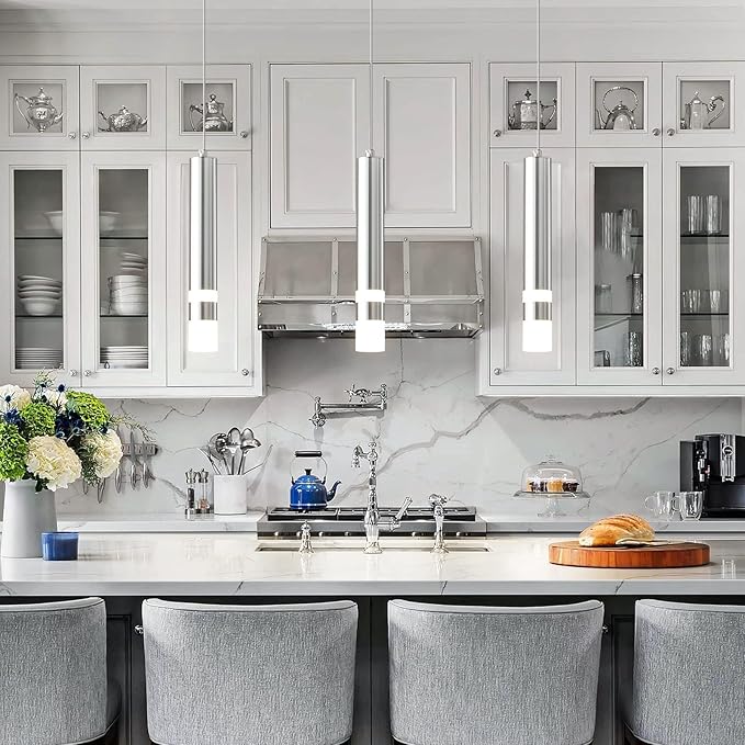 Modern Pendant Light Kitchen Fixture Dimmable LED Chrome Mini Pendant Lighting fo Kitchen Island Bedroom Bedside Table Small Pendant Lights (3-Pack)