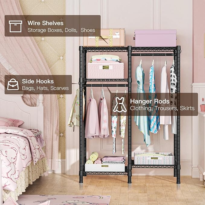 Ulif F1 Garment Rack for Kids, Baby, Students, and Children's Room, 4 Tiers Freestanding and Portable Heavy Duty Closets, Small Metal Clothes Rack with 2 Hanging Rod, 31.2" W x 11.8" D x 48" H, Black