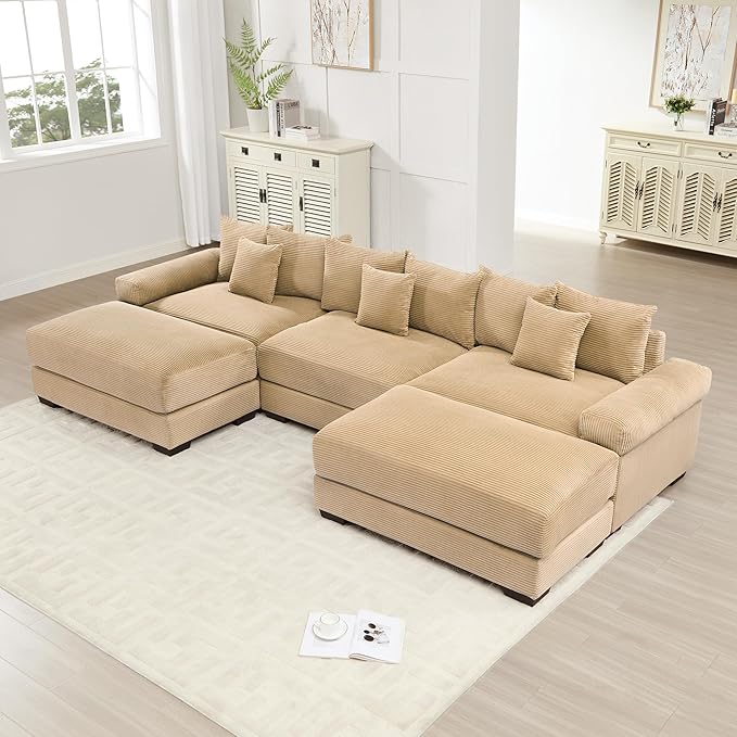 KEIKI 130" U-Shaped Oversized Corduroy Modular Cloud Sectional Sofa with 2 Ottoman, High-Density Foam Cushion, Extra-Thick Armrest, 3-Seater Fluffy Corner Couch with 9 Pillow, for Living Room, Camel