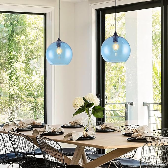 Blue Pendant Lights Kitchen Island Lighting Modern Globe Hand Blown Glass Pendant Light Ceiling Hanging Light fixtures for Kitchen Island Bedroom Living Dining Room Light Fixture-11.8in