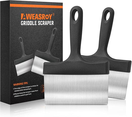 Heavy Duty Grill Scraper Stainless Steel Griddle Scraper with 5 Inches Handle,Sturdy Food Scraper Tool Kitchen for Blackstone Grill Accessories,Outdoor Barbecue Turners Tools (Black 2 Pcs)