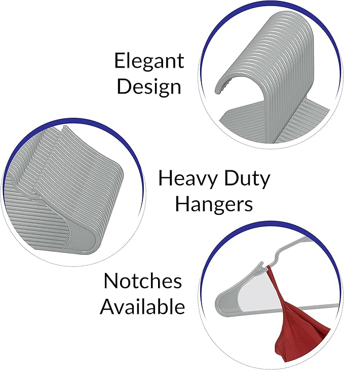 Royale Linens 20 Pack Grey Plastic Hangers for Clothes - Heavy Duty Clothes Hanger for Everyday Use - Lightweight & Space Saving Notched Plastic Hangers