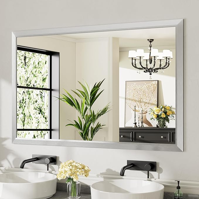 55x36 Inch Silver Bathroom Mirror for Wall, Thick Metal Framed Rectangle Mirrors for Over Sink, Bedroom, Living Room, Entryway, Anti-Rust, HD Tempered Glass
