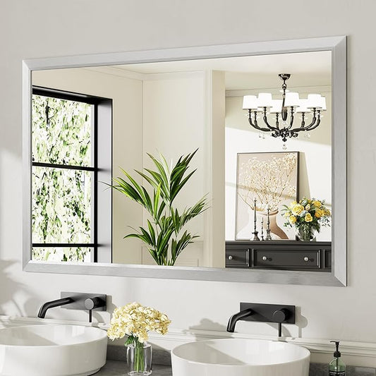 55x36 Inch Silver Bathroom Mirror for Wall, Thick Metal Framed Rectangle Mirrors for Over Sink, Bedroom, Living Room, Entryway, Anti-Rust, HD Tempered Glass