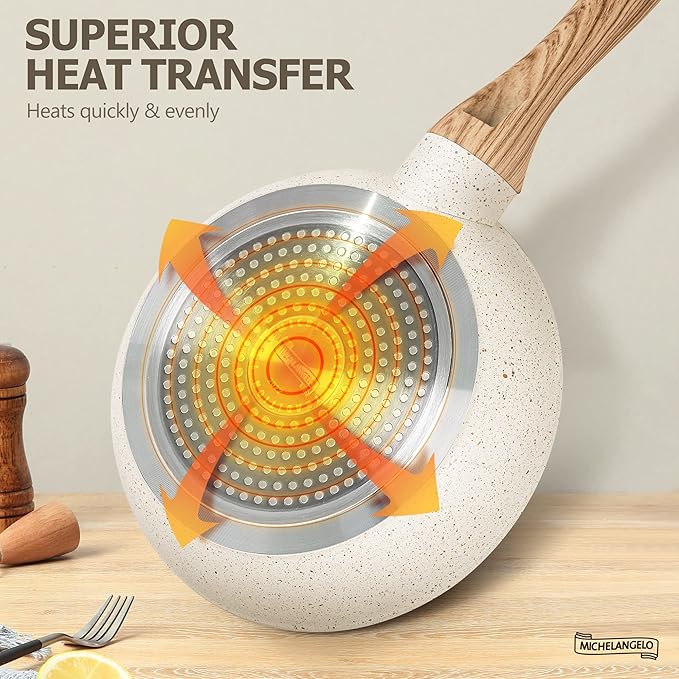 MICHELANGELO Small Frying Pan with Lid, 8 Inch Frying Pan Nonstick with Non-Toxic Coating, Granite Egg Pan with Anti-Scald Handle, Small Pan, White