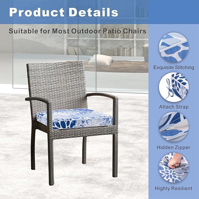 Outdoor Chair Cushions 19 x 19 Inch Set of 2 Water Resistant Seat Cushions with Ties, Outdoor Cushions for Patio Furniture with 3-Year Fade Resistant