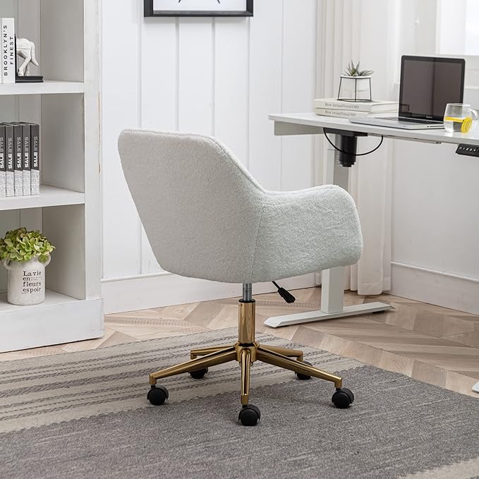 Goujxcy Fluffy Desk Chair, Faux Fur White Vanity Chair Swivel Office Chair for Girls Women, Height Adjustable Cute Teddy Furry Makeup Chairs for Bedroom Home Office