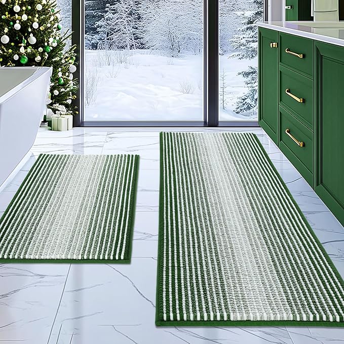 Bathroom Rugs and Mats Sets, 2 Piece Thick Absorbent Chenille Bath Mat Rug Set Non Slip, Soft Shaggy Bath Room Floor Mats for Bathroom, Machine Washable (Hunter Green, 20" x 47" Plus 20" x 32")