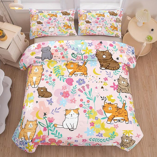 Tailor Shop Cat Comforter Sets King Size,Pink Cat Bedding Sets for Girls Kids Teens with 2 Pillowcase…