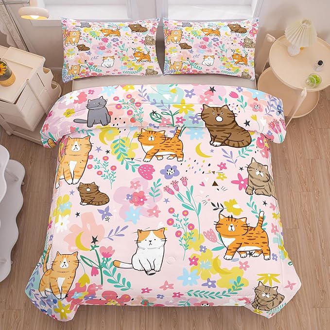 Tailor Shop Cat Comforter Sets Queen Size,Pink Cat Bedding Sets for Girls Kids Teens with 2 Pillowcase…