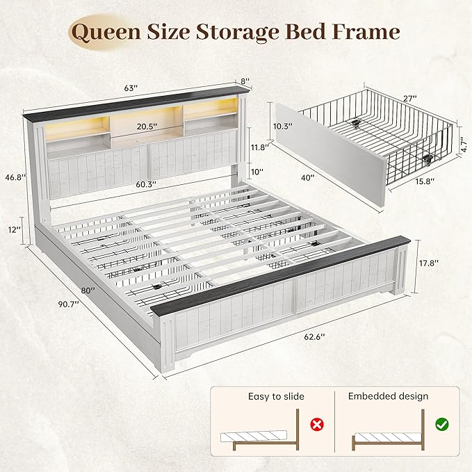 EnHomee Queen Bed Frame with Headboard, Bed Frame Queen Size with 4 Storage Drawers, Queen Bed with LED Lights & Charging Ports,No Box Spring Needed,NO Noise,Wooden, White