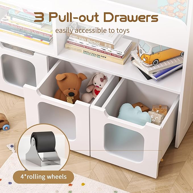 Toy Storage Organizer with 3 Movable Drawers and 3 Storage Cubby, 33.5" H Kids Bookshelf and Toy Storage，Book Shelf for Kids Room, Nursery, Playroom, Bedroom, White