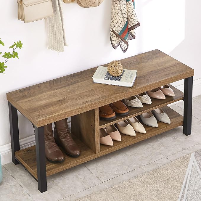 FOLUBAN Shoe Bench for Entryway, Wood and Metal Indoor Bench with Shoe Storage and Seating for Bedroom, Hallway, Living Room, Rustic Oak, 43.3 Inch