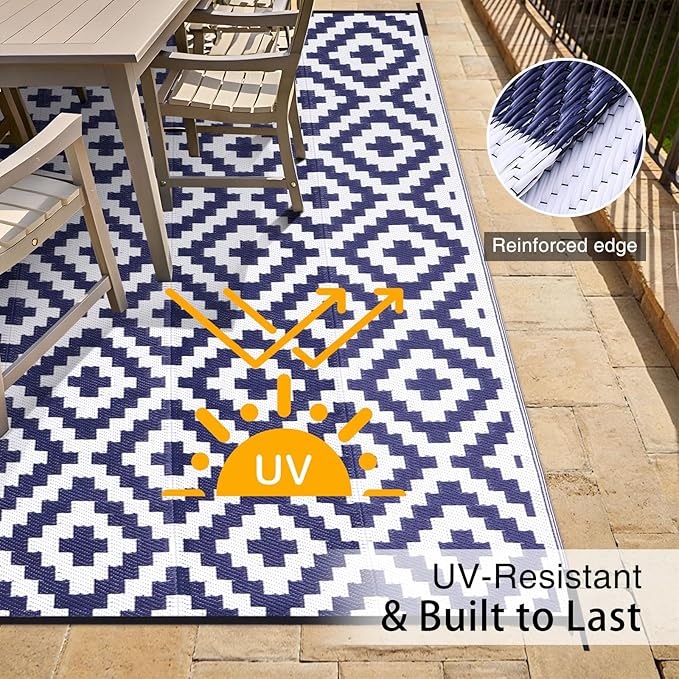 OLANLY Waterproof Outdoor Rug 6x9 ft, Outdoor Plastic Straw Rug for Camping, RV Mat Outside, Indoor Outdoor Carpet for Porch, Deck, Backyard, Balcony, Picnic, Navy & White