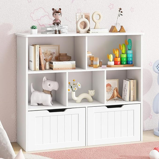 Toy Storage Organizer with Bookshelf, Large Toy Organizers and 2 Movable Drawers with Hidden Wheels and 5 Storage Cubbies, Kids Bookshelf and Toy Storage Chest, Playroom Furniture, White
