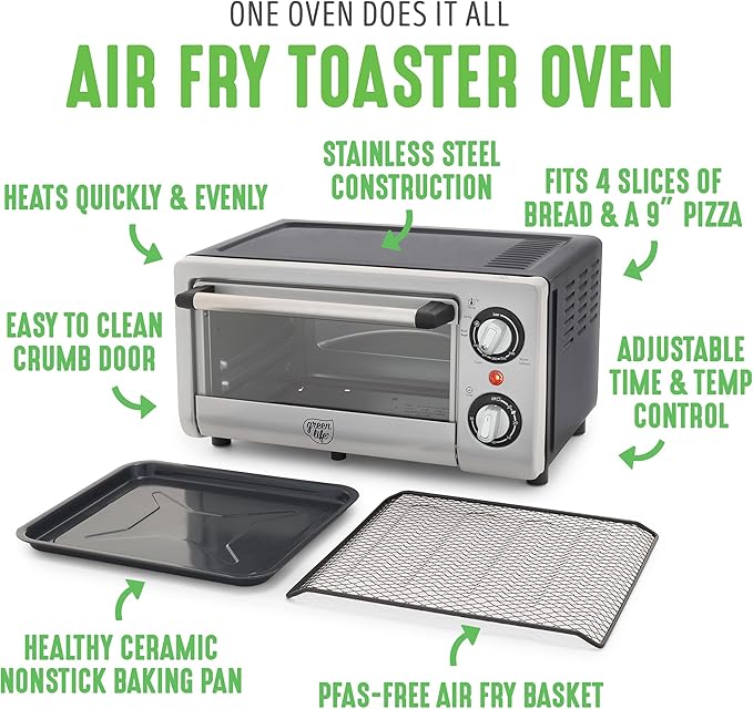 GreenLife Countertop Toaster Oven Air Fryer Stainless Steel, Healthy Ceramic Nonstick, PFAS and PFOA-Free, Tray & Basket, Bake, Broil, Reheat, Adjustable Temp & Time Control, Auto Shutoff, Black