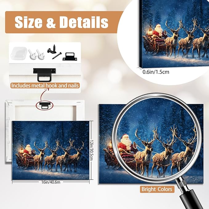 Vintage Santa's Sleigh Christmas Canvas Wall Art - Festive Winter Journey Framed Print for Bedroom Decor, Rustic Christmas Wall Art with Wood Frame, Ideal Christmas Gifts & Cozy Holiday Decorations