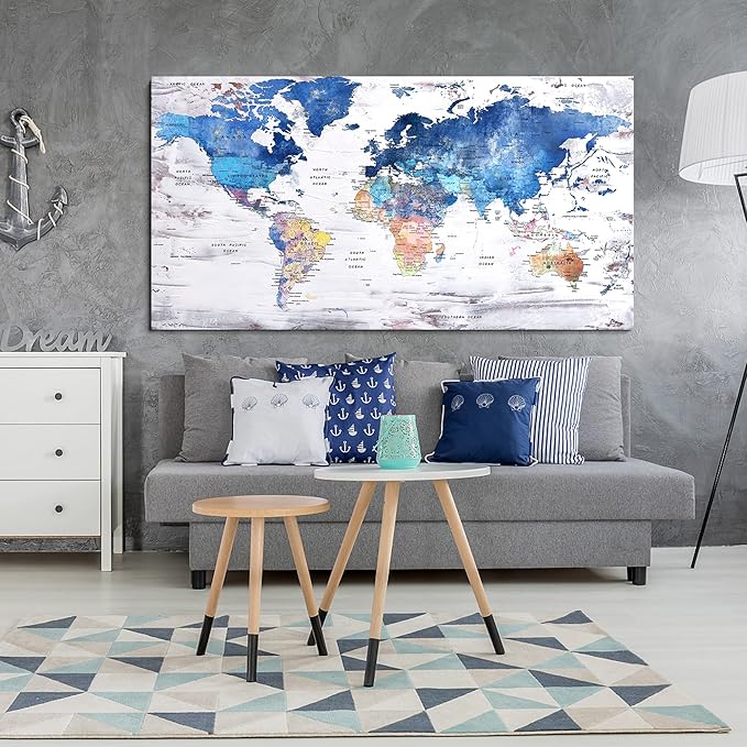 Pogusmavi-World Map Wall Art-Modern Art Wall Decor-Framed Artwork For Walls-Canvas Art For Office-Paintings For Decorations-Large Pictures For Living Room 24x48