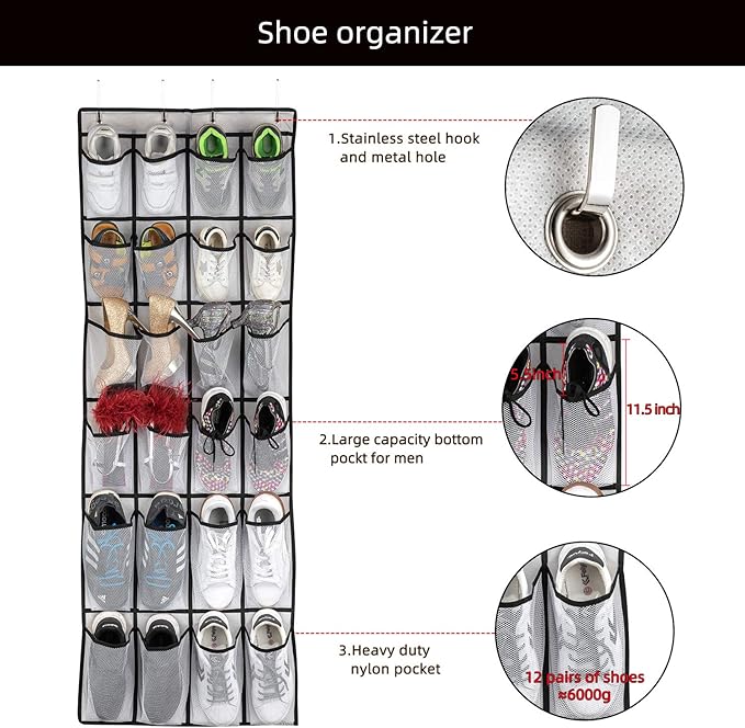 Hanging Shoe Organizer, Over The Door Shoe Organizer with 24 Mesh Large Pockets Door Shoe Rack for Men Women Kids Hanging Door Shoe Holder Size:58x21 Inch (White-2pack)