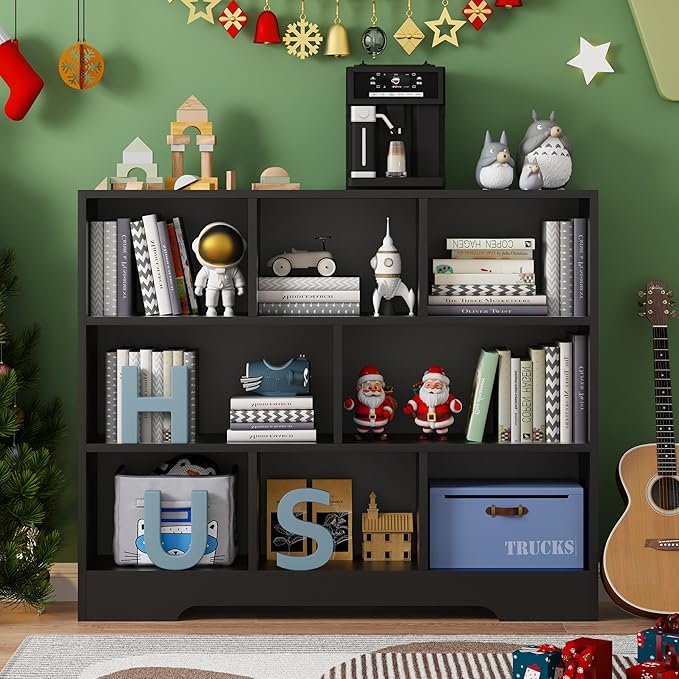 Book Shelf for Kids, 8 Cubes Storage Organizer Montessori Shelf, 3-Tier Wooden Kids Bookcase, Toy Storage Organizer for Children, Black Toddler Bookshelf Cube Shelf for Kid’s Room, Classroom