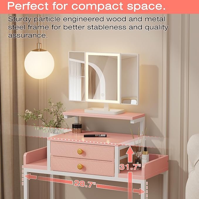 Vanity Desk with Mirror and Lights, 28.4''W Small Makeup Vanity Table with Height-Adjustable Stand, 2 Fabric Drawers Compact Makeup Desk, Gift for Girls, Bedroom Small Space, Pink