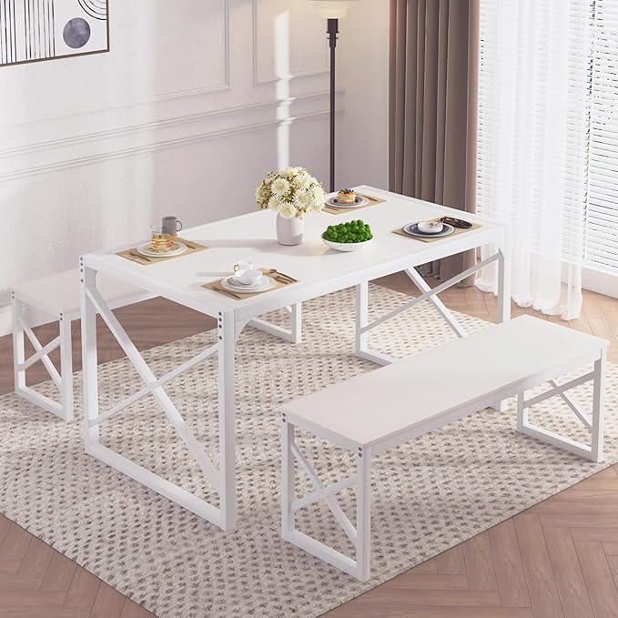 VECELO Kitchen Dining Table Set for 4 to 6, 55" Wood Dinette 2 Benches with Metal Frame for Dinner Breakfast Nook and Small Space, White
