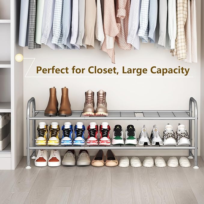 LINZINAR Shoe Rack 2 Tier Storage Organizer for Closet Entryway Metal Grey