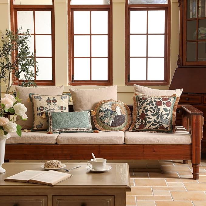 patdrea Designer Throw Pillow Covers Set of 2,French Elegant Green Linen with Rose and Animal Floral Pattern Pillow Covers,Decorative Square Pillowcases Cushion for Bed Living Room Outdoor,18"x18"