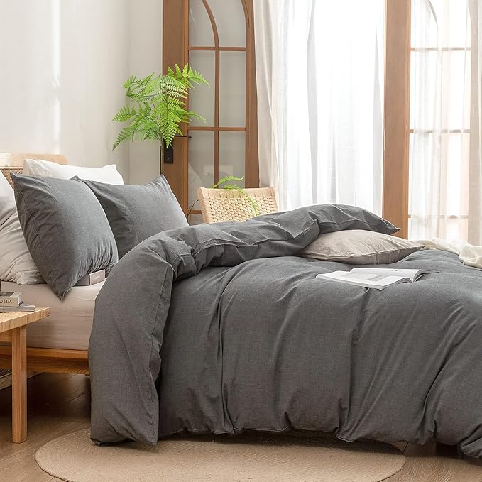 BESTOUCH Duvet Cover Set 100% Washed Cotton Linen Feel Super Soft Comfortable Chic Lightweight 3 PCs Home Bedding Set Solid Dark Grey Super King Plus