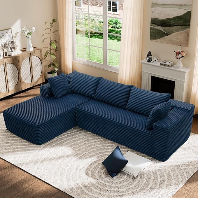 Modern Cloud Modular Sectional Sofa with Chaise, 106" L-Shaped Sofa Couch for Living Room, Deep Seat Plush Boneless Couches, Includes Pillows, Right Chaise, Blue