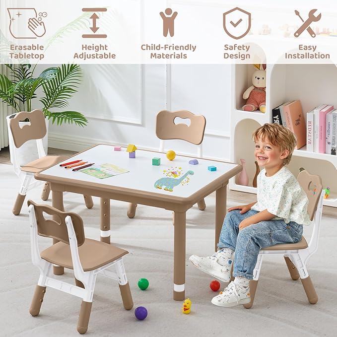 Kids Table and 4 Chairs Set, Height Adjustable (17.7"-26.1") Toddler Table and Chair Set, Multi-Activity Table with Graffiti Desktop, Children’s Table and Chairs for Classroom, Home & Daycare