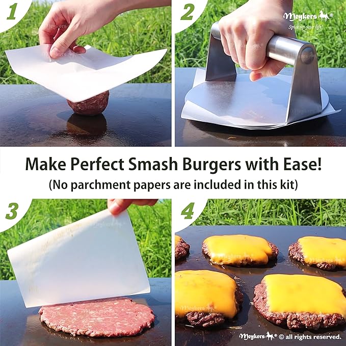 Meykers Smash Burger Press 6.3” Burger Smasher | for Griddle Grill Pan Skillet | Weight Gain Flat Presser Smashburger Maker 304 Stainless Steel | Meat Bacon Sandwich Panini | Tool Kit for BBQ Lover