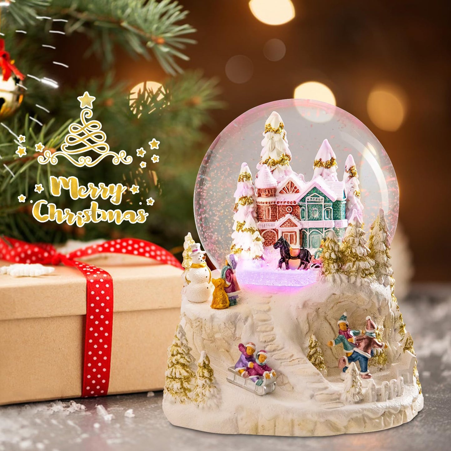 MUMTOP Christmas Snow Globes, Snow Globes Christmas with Musical Battery Operated LED Lights Glittering Water Globes Winter for Holiday Home Indoor Christmas Decorations and Gifts
