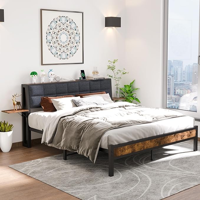 Queen Metal Bed Frame with Ergonomic Upholstered Headboard and Charging Station, Platform Bed Frame with Storage Shelves, Heavy Duty Metal Slats, No Box Spring Needed, Brown+Grey