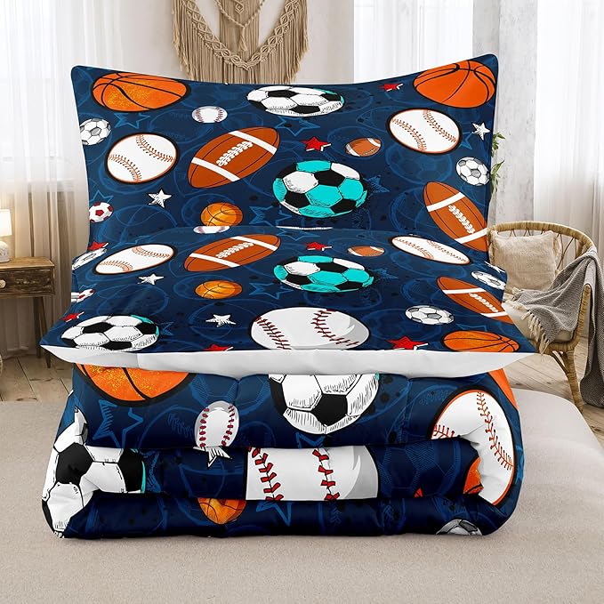 Tailor Shop Sports Boys Comforter Sets Full Size,Sports Bedding Sets for Boys Kids Teens Football Basketball Baseball Ball with 2 Pillowcase……