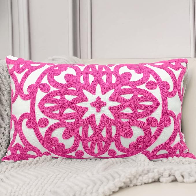 Alysheer Embroidered Lumbar Decorative Throw Pillow Cover 12"x 20", Classic Boho Mandala Embroidery Pattern Cotton Rectangular Cushion Case for Sofa Couch Living Room Bedroom(Bright Hot Pink)