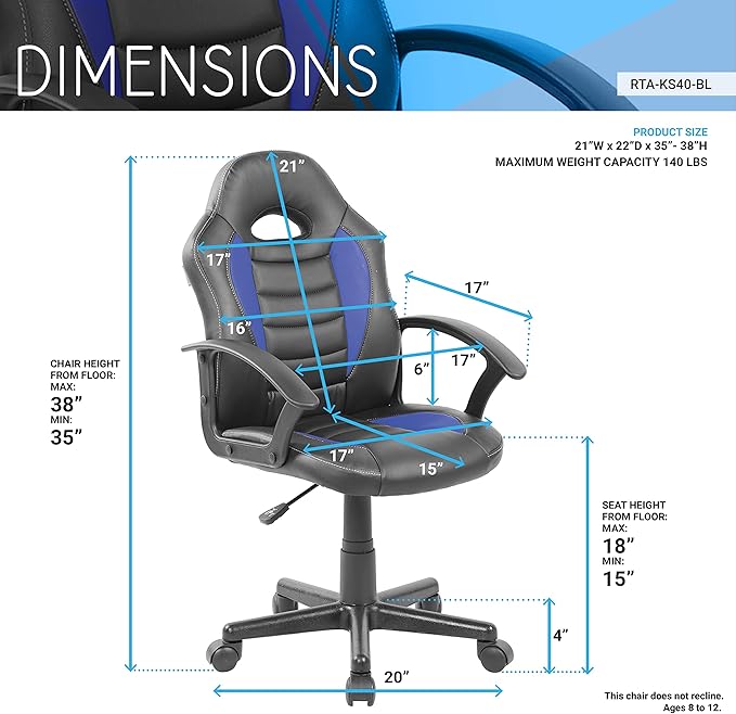 Techni Mobili Kid's Gaming and Student Racer Chair with Wheels, Resemblance of a sport's car interior, Polypropylene, Blue