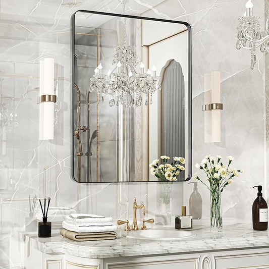 28×36 Black Bathroom Mirror, Rectangular Bathroom Vanity Mirror for Wall with Rounded Corners & Aluminum Alloy Frame, Tempered-Glass, Modern, Farmhouse, Horizontal/Vertical, Entryway, Bedroom