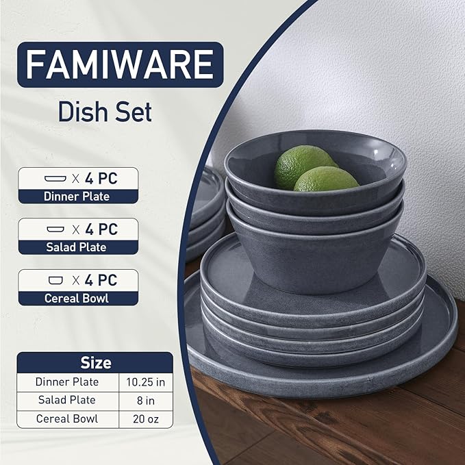 Famiware Annecy Plates and Bowls Sets, Stoneware Dinnerware Sets for 4, 12 Pieces Dish Set with Lipped Edges, Chip and Scratch Resistant, Microwave and Dishwasher Safe, Misty-Blue