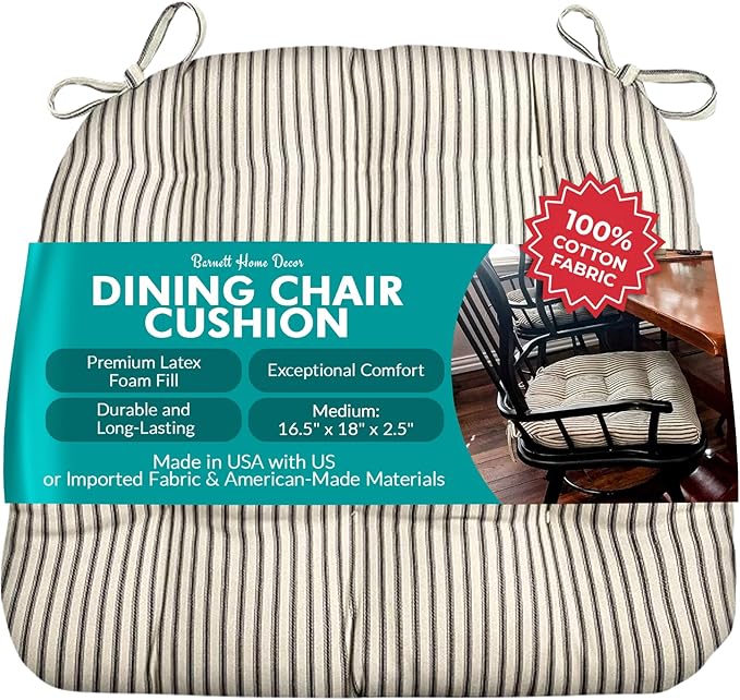 Barnett Home Decor Ticking Stripe Black Dining Chair Pad with Ties - 18" x 16.5" Size Medium Chair Cushion - Latex Foam Fill - Machine Washable, Reversible, 100% Cotton, Made in USA