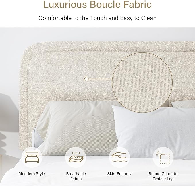 BarnFurin Twin Size Bed Frame,Cloud Boucle Upholstered Platform Bed Frame with Headboard, Modern Style, Soft Rounded Corners, No Box Spring Required, Easy Assembly, Cream