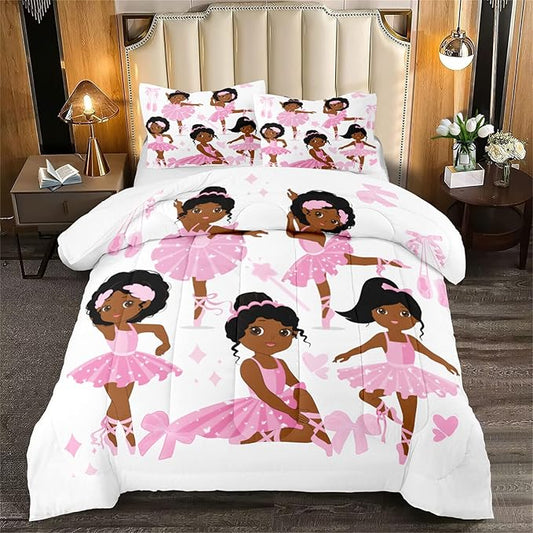 Cute Pink Dancer Bedding Set Full Size 3Pcs Lovely Black Girls Ballerina Patterns Twin Comforter Set for Girls Ultra Soft Princess Bed Decor Quilt Sets, 1 Comforter with 2 Pillowcases