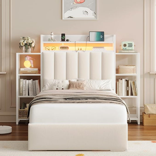 Keyluv Twin Bed Frame with Storage Headboard & Charging Station, Upholstered LED Platform Bed with Bedside Storage Rack & Drawer, Metal Slat Support, No Box Spring Needed, Velvet Fabric, White